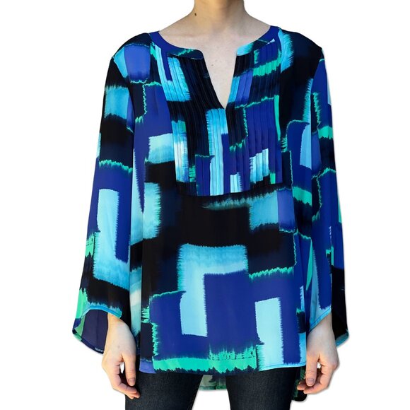 Chaus New York Abstract Print Pleated Tunic Top Blue Black Size XL - Picture 1 of 4